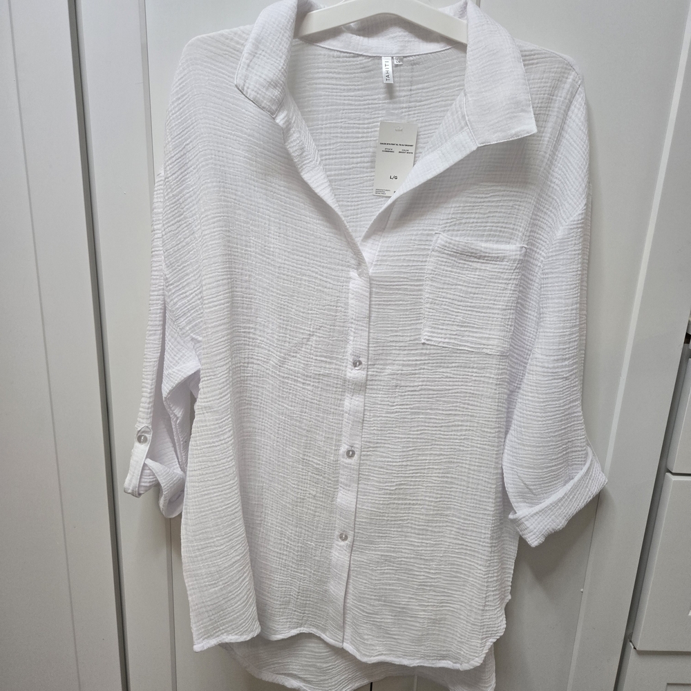 Tahiti White Cotton Gauze‎ Button Up Shirt 1X Beach Cover Up Coastal Resort